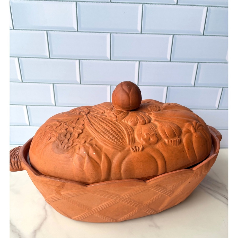Vintage Terracotta Lidded Casserole Baker Vegetable Harvest Basketweave Oval